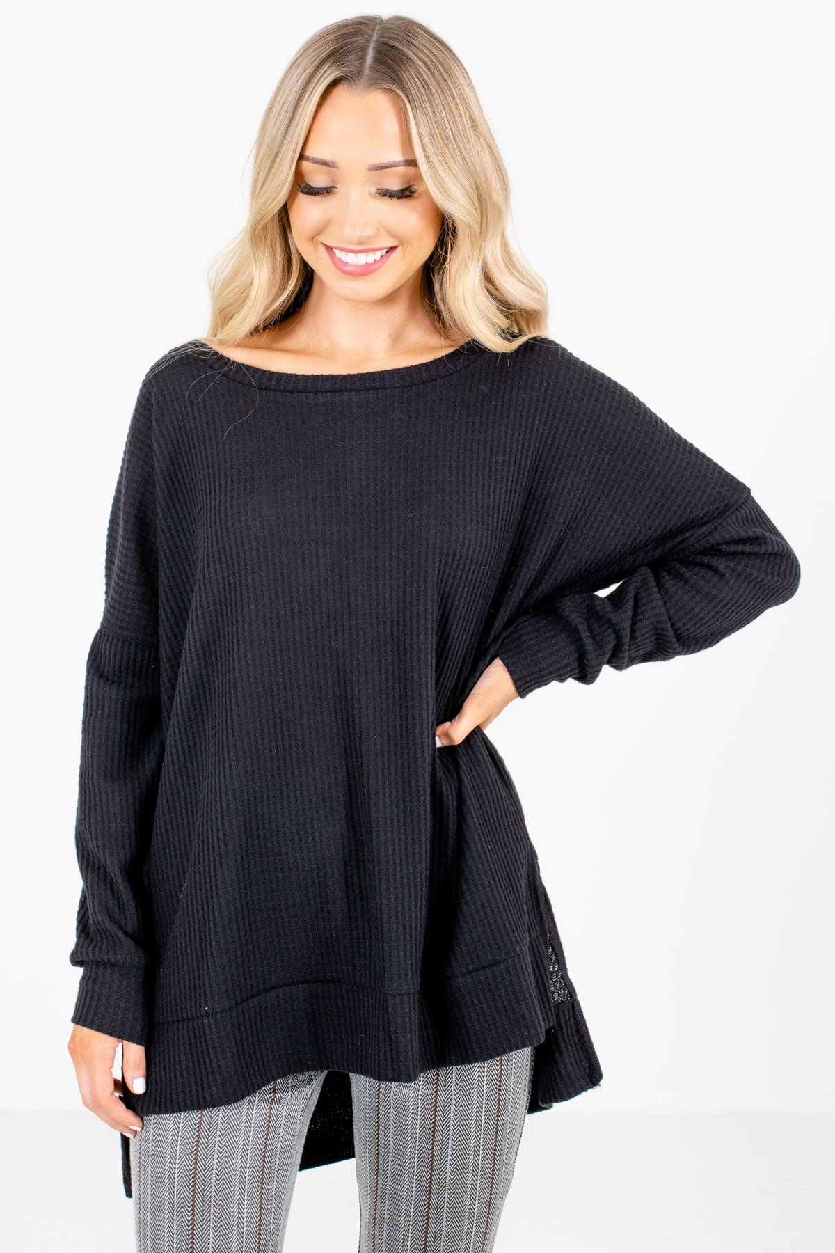 Black High-Quality Waffle Knit Material Boutique Tops for Women