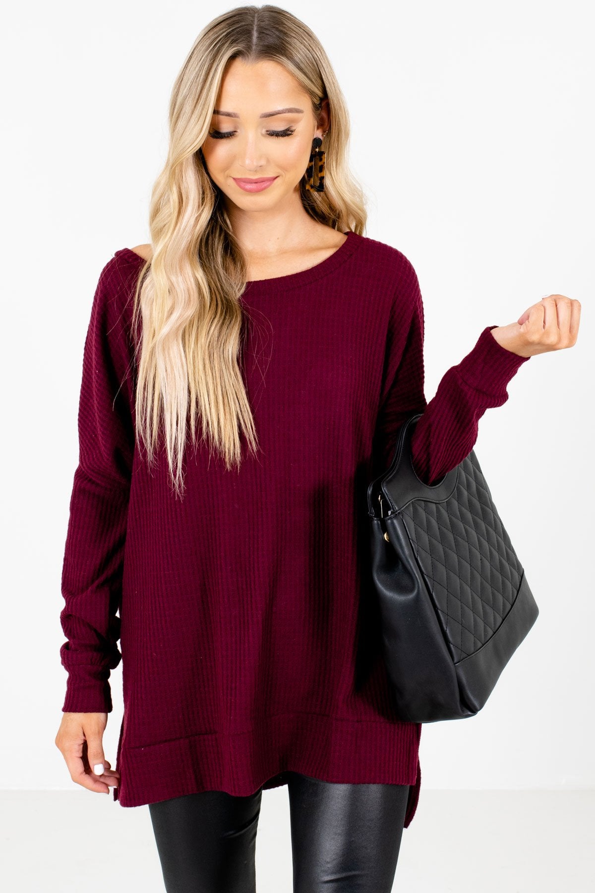 Burgundy High-Quality Waffle Knit Material Boutique Tops for Women