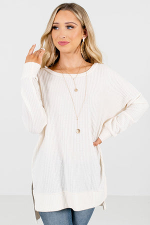Cream High-Quality Waffle Knit Material Boutique Tops for Women