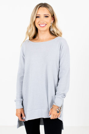 Gray High-Quality Waffle Knit Material Boutique Tops for Women
