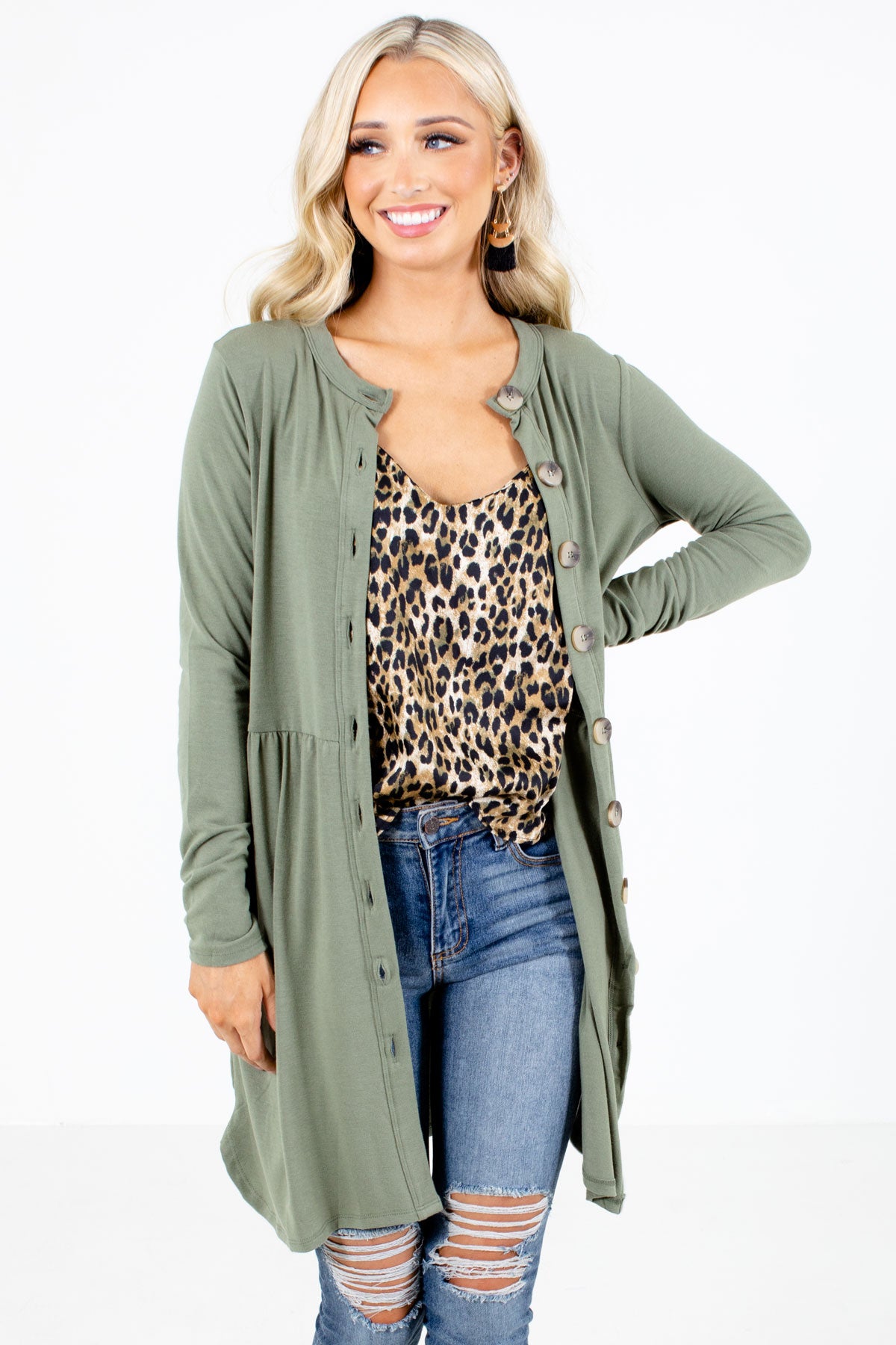 Olive Green Button-Up Front Boutique Cardigans for Women