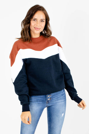 Navy Blue Color Block Patterned Boutique Pullovers for Women