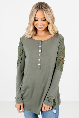 Light Olive Green Crochet Detailed Boutique Tops for Women