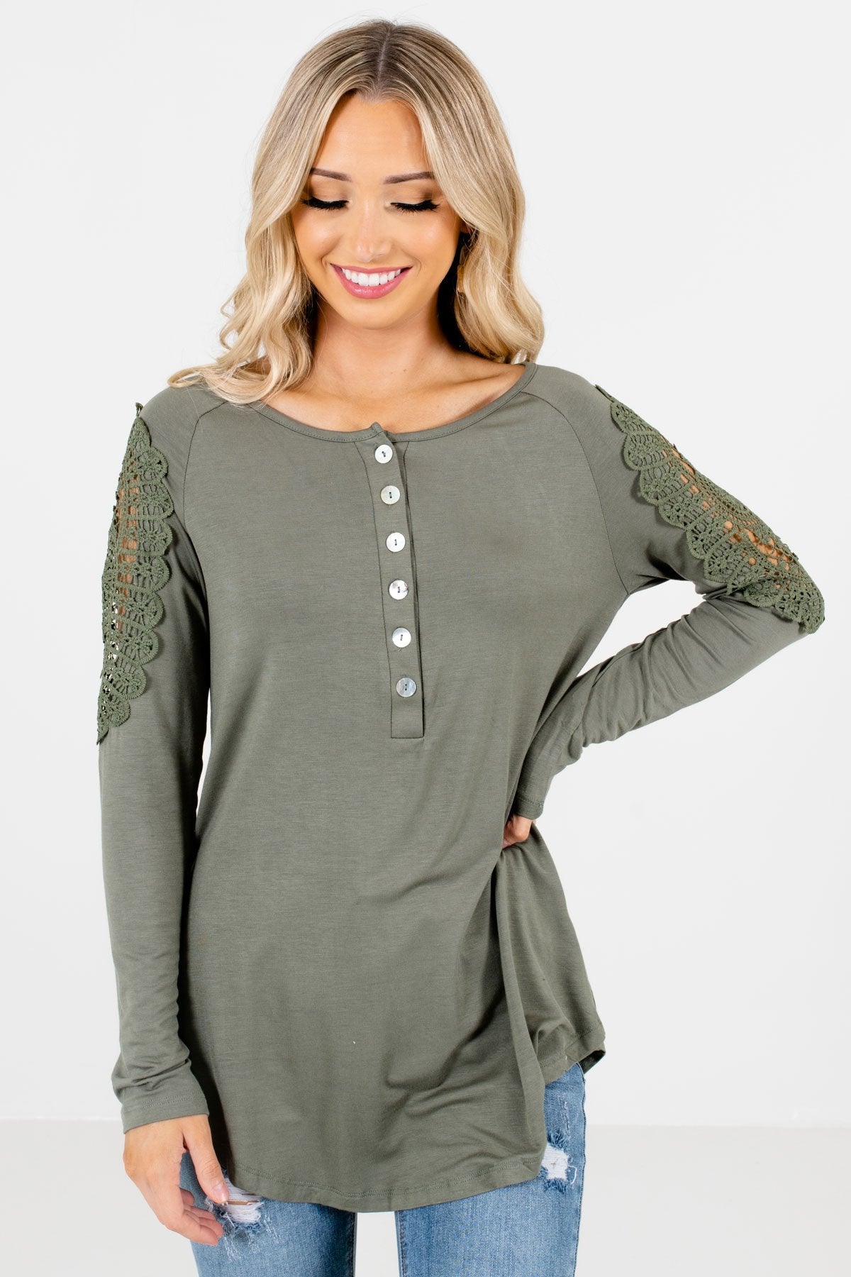 Women’s Light Olive Green Long Sleeve Boutique Tops
