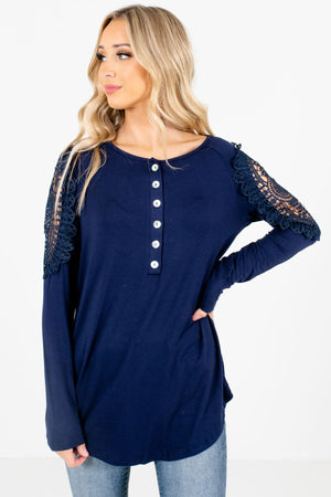 Navy Crochet Detailed Boutique Tops for Women