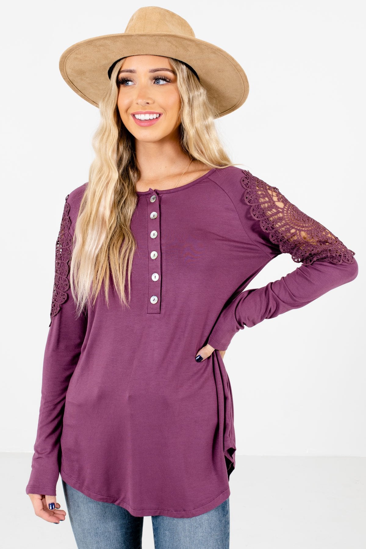 Purple Crochet Detailed Boutique Tops for Women
