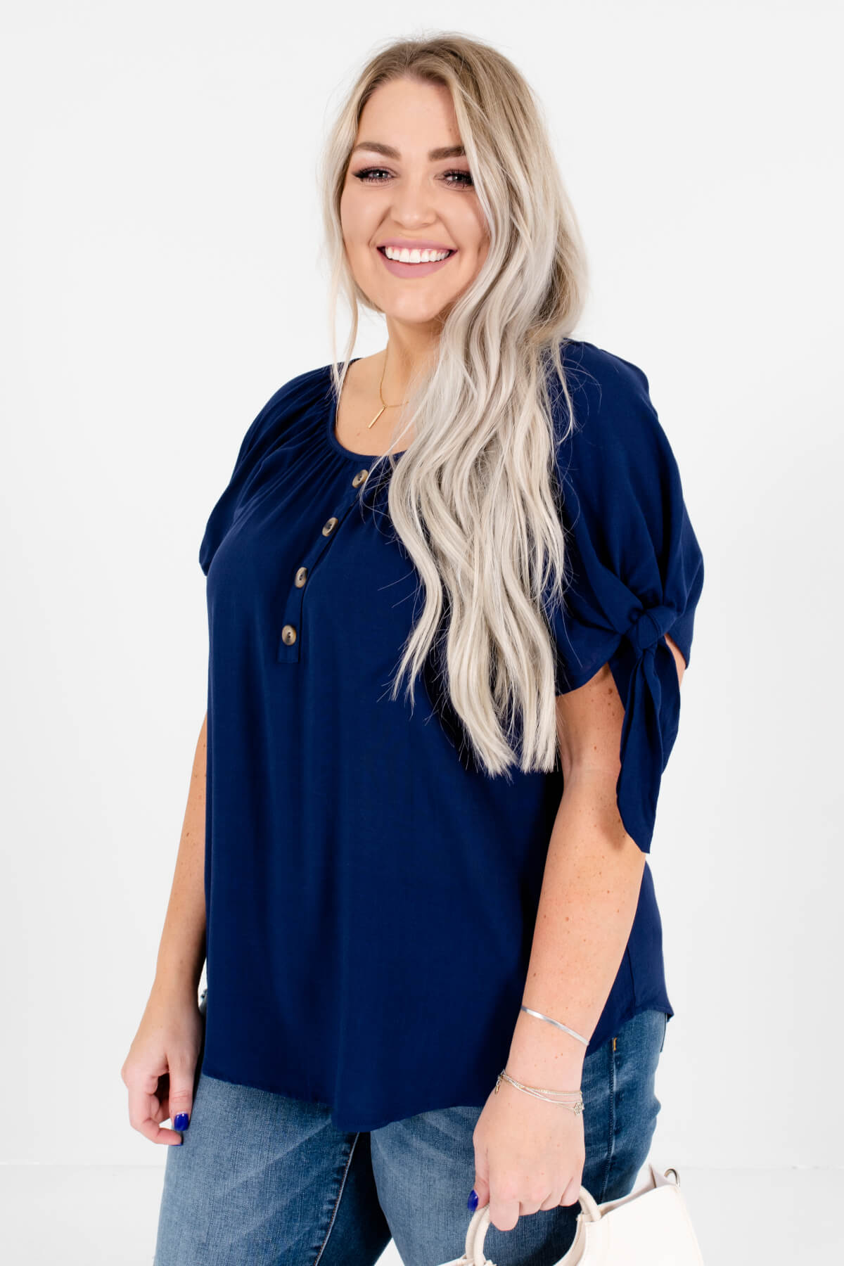 Navy Blue Pleated Accented Plus Size Boutique Tops for Women