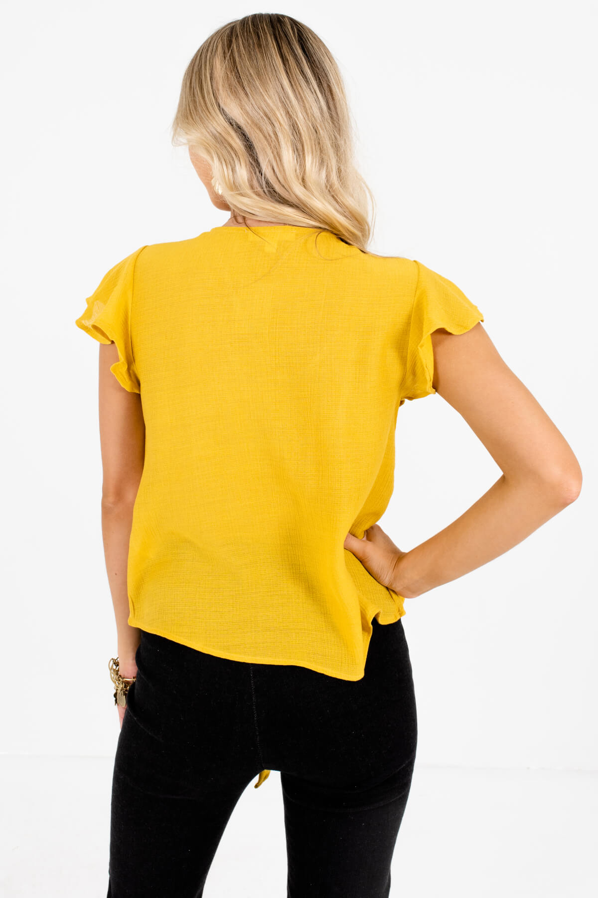 Women's Mustard Yellow Flutter Sleeves Boutique Tops
