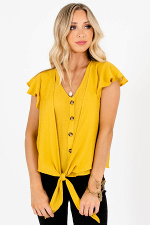 Mustard Yellow Decorative Buttons Tie Front Tops for Women