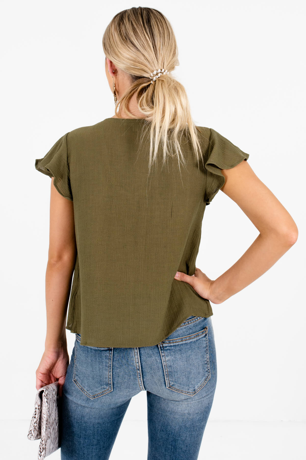 Women's Olive Green Flutter Sleeves Boutique Tops