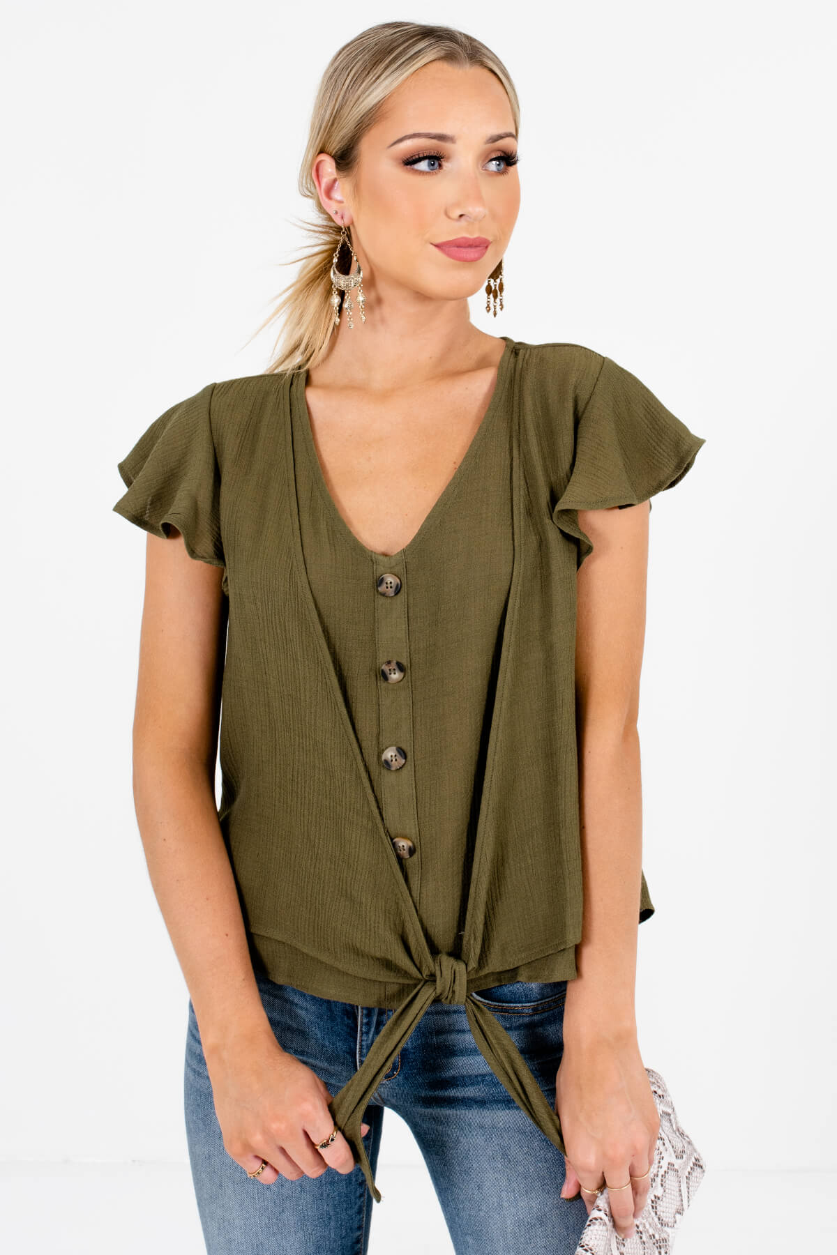 Olive Green Decorative Buttons Tie Front Tops for Women
