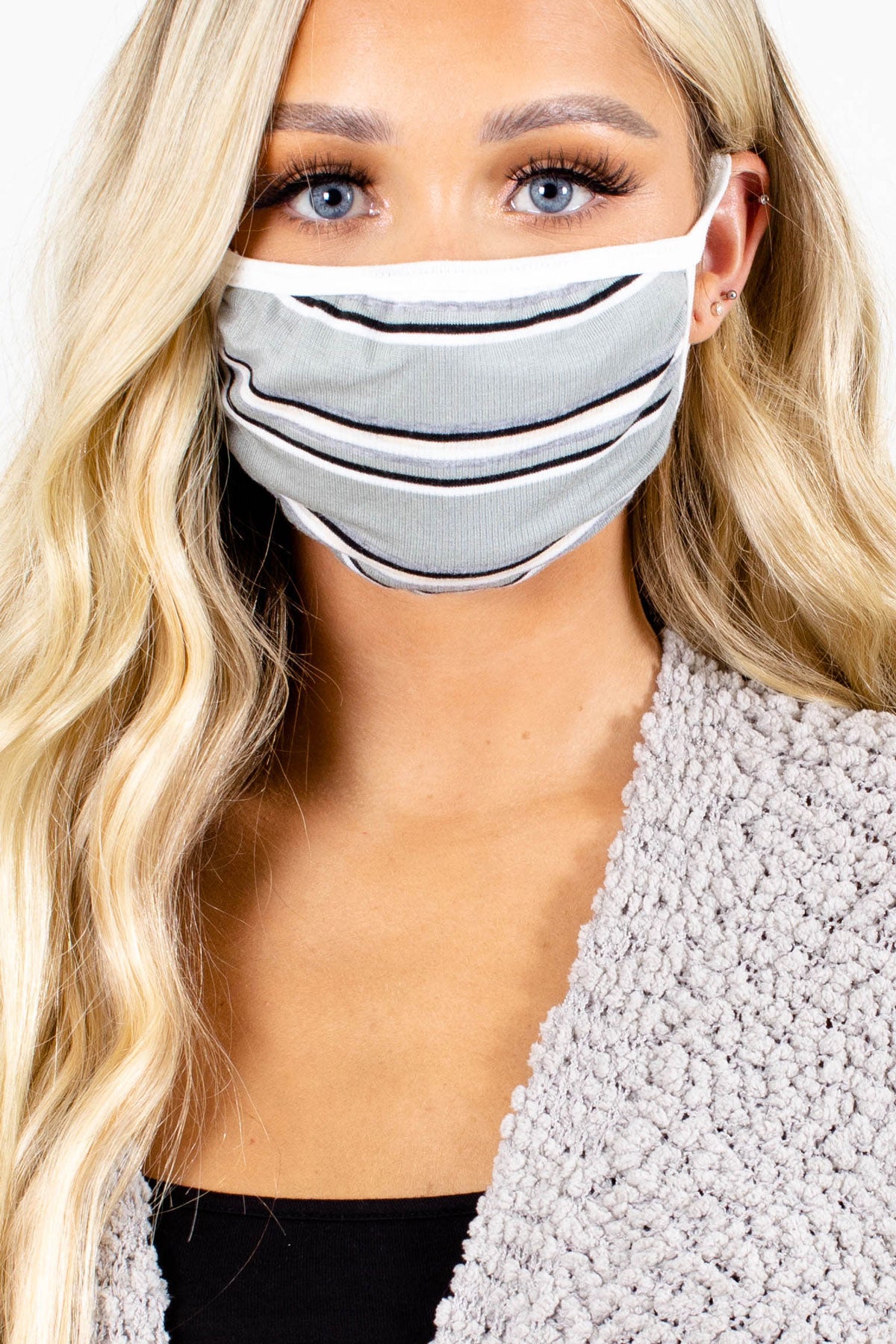Gray Face Mask with Black and White Stripes