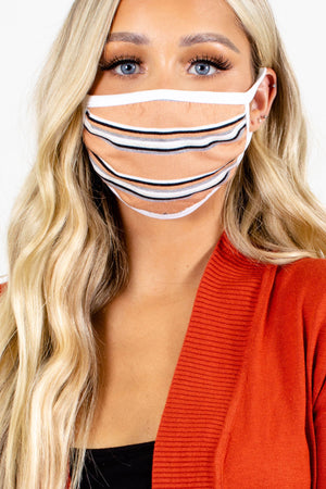 Women's Face Mask with Black, White, and Orange Stripes