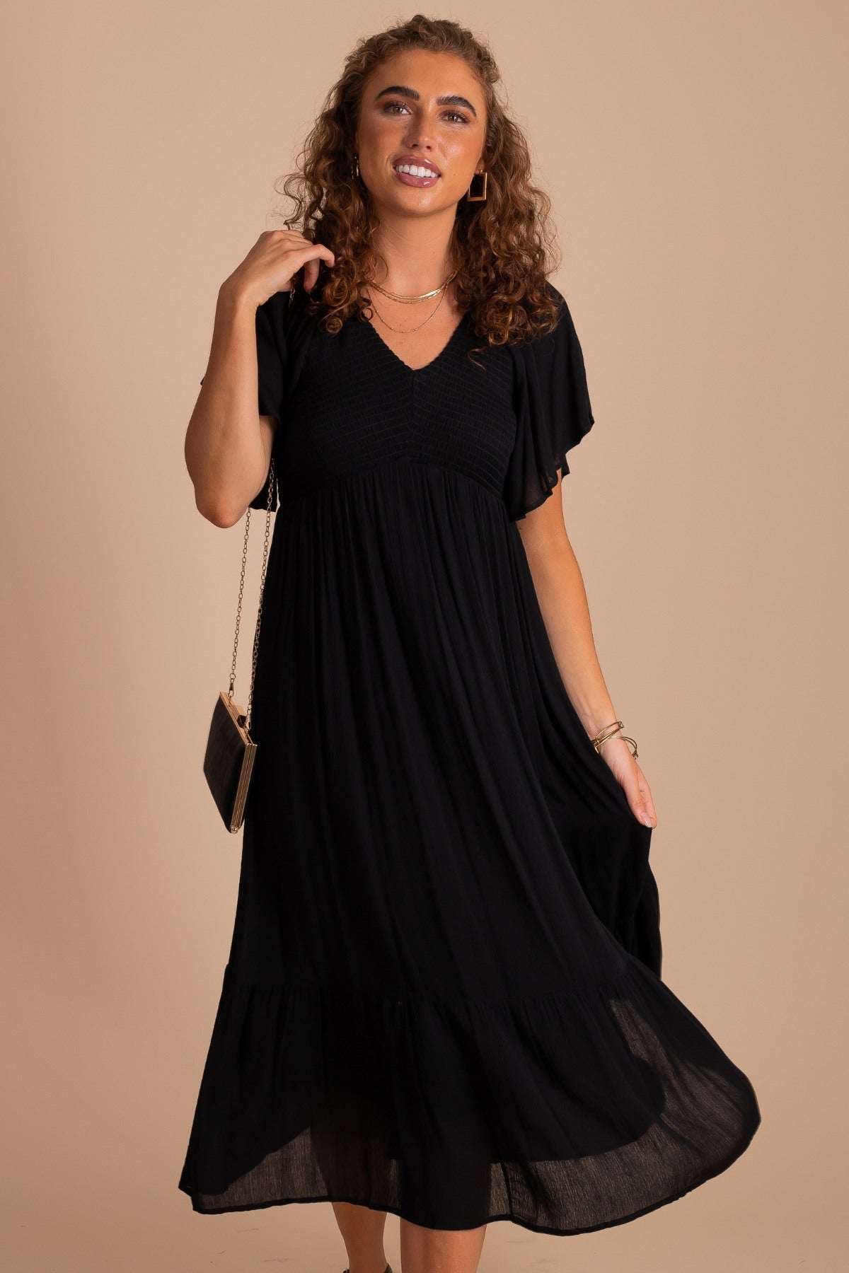 Women's Smocked Midi Dress in Black