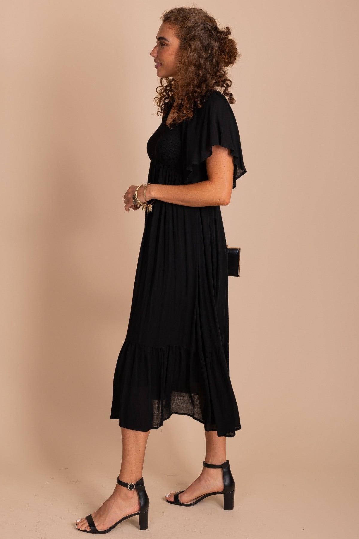 Online Boutique Midi Dress with Smocked Bodice in Black