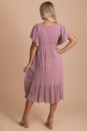 Dusty Purple Midi Dress with Flutter Sleeves for Women