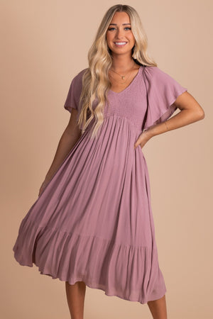 Dusty Mauve Smocked Midi Dress for Women