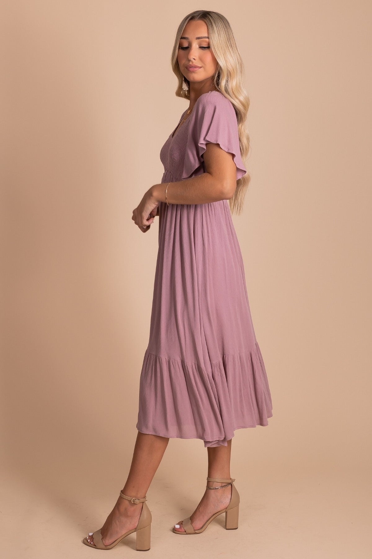 Mauve Purple Midi Dress with Smocked Bodice and Flutter Short Sleeves