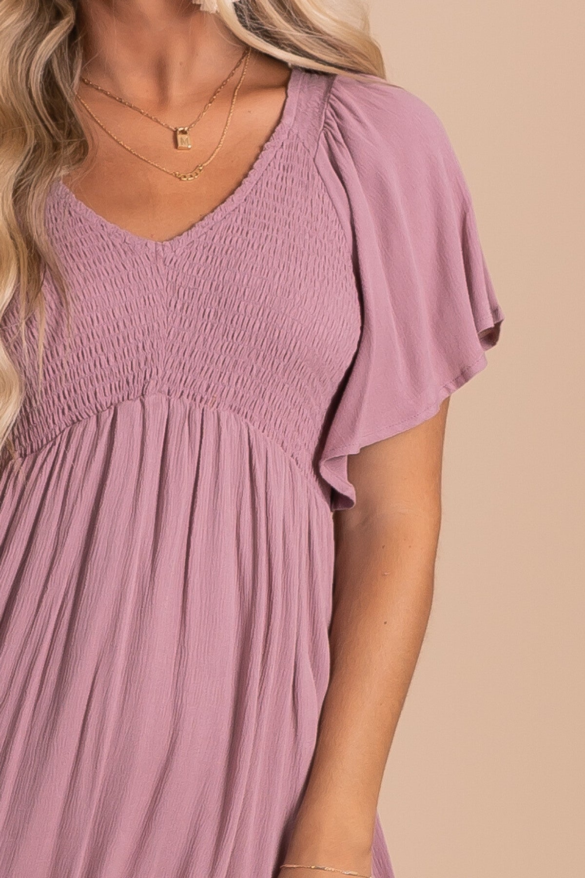 Affordable Dusty Mauve Purple Midi Dress with Smocked Bodice and V Neckline