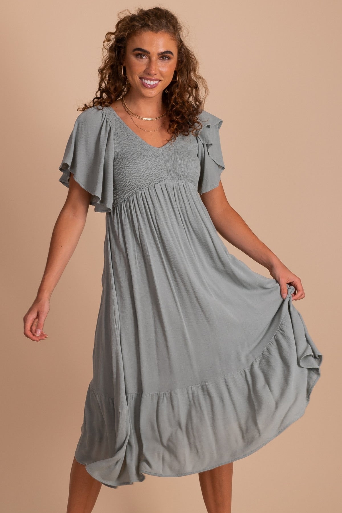 Women's Boho Midi Dress with Smocked Bodice and V Neck in Dusty Sage Green