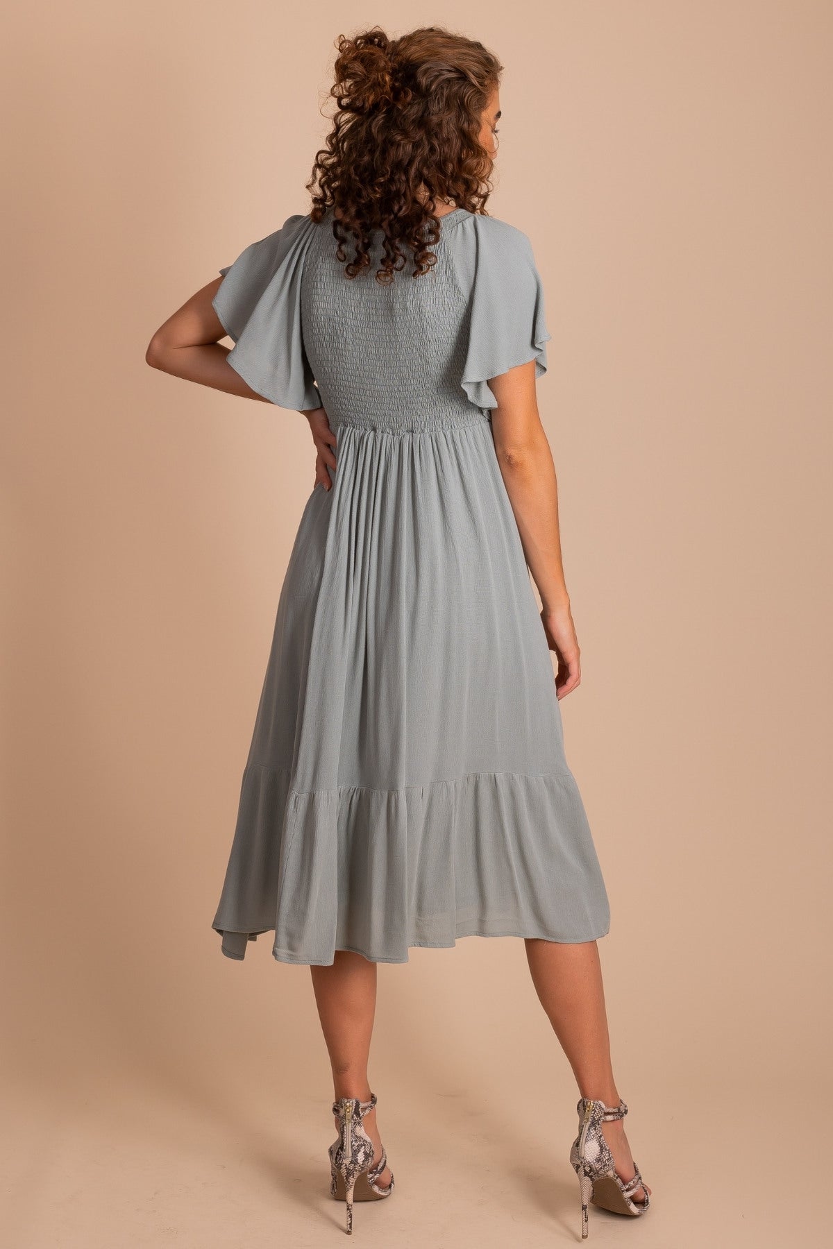 Boutique Midi Dress with Flutter Short Sleeves in Dusty Sage Green