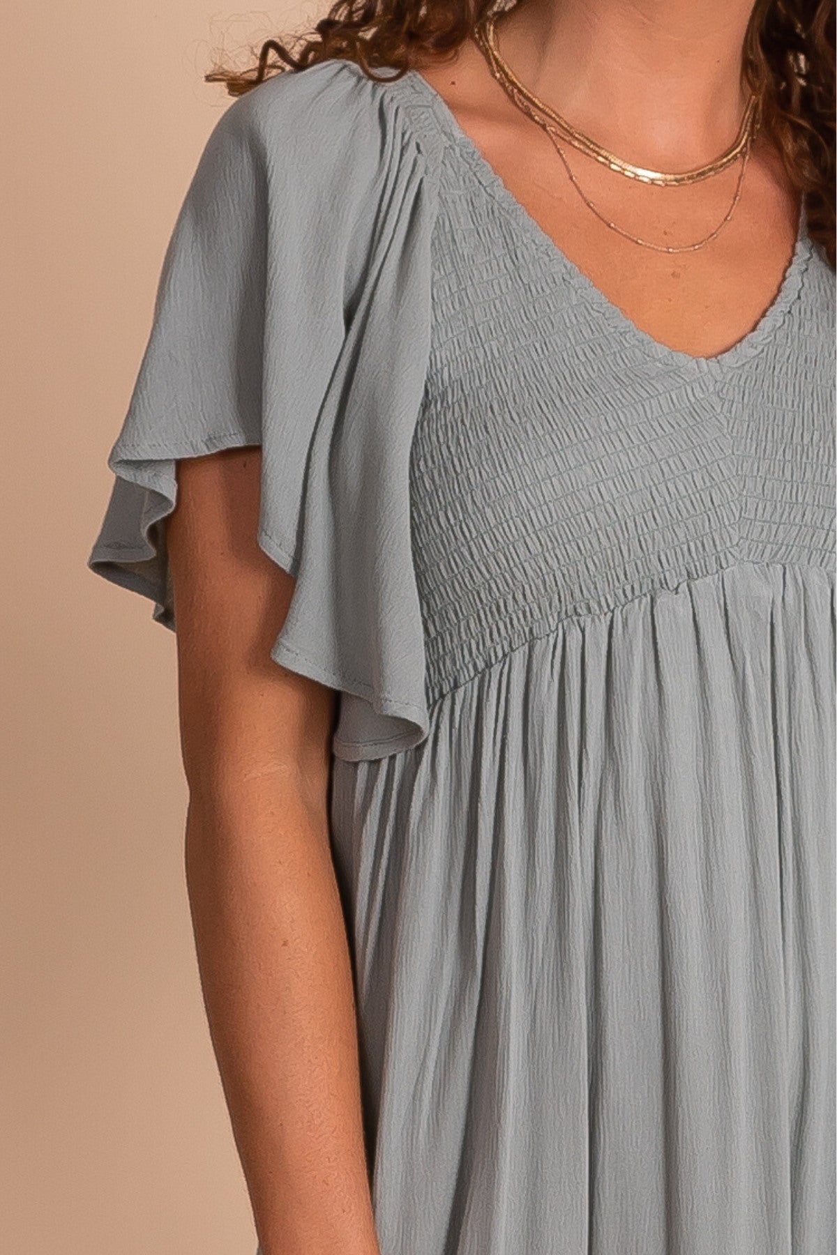 Flutter Sleeve Midi Dress with Smocked Bodice in Dusty Sage Green
