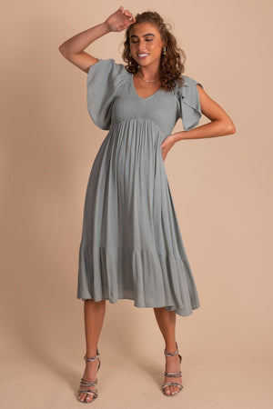 Dusty Sage Midi Dress with Smocked Bodice, V Neck, Flutter Sleeves, and Flounce Hem