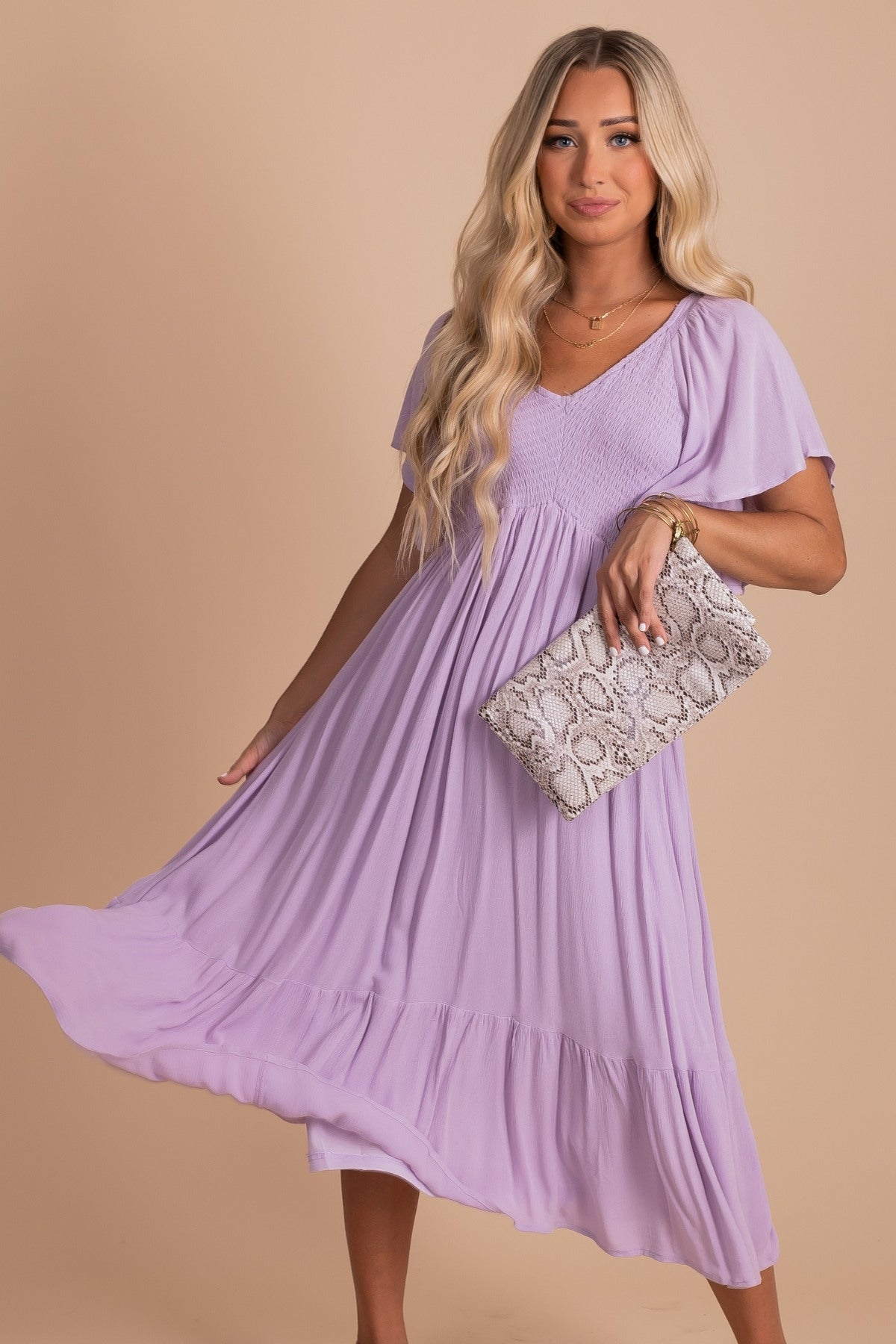 Affordable Boutique Midi Dress in Lavender Purple