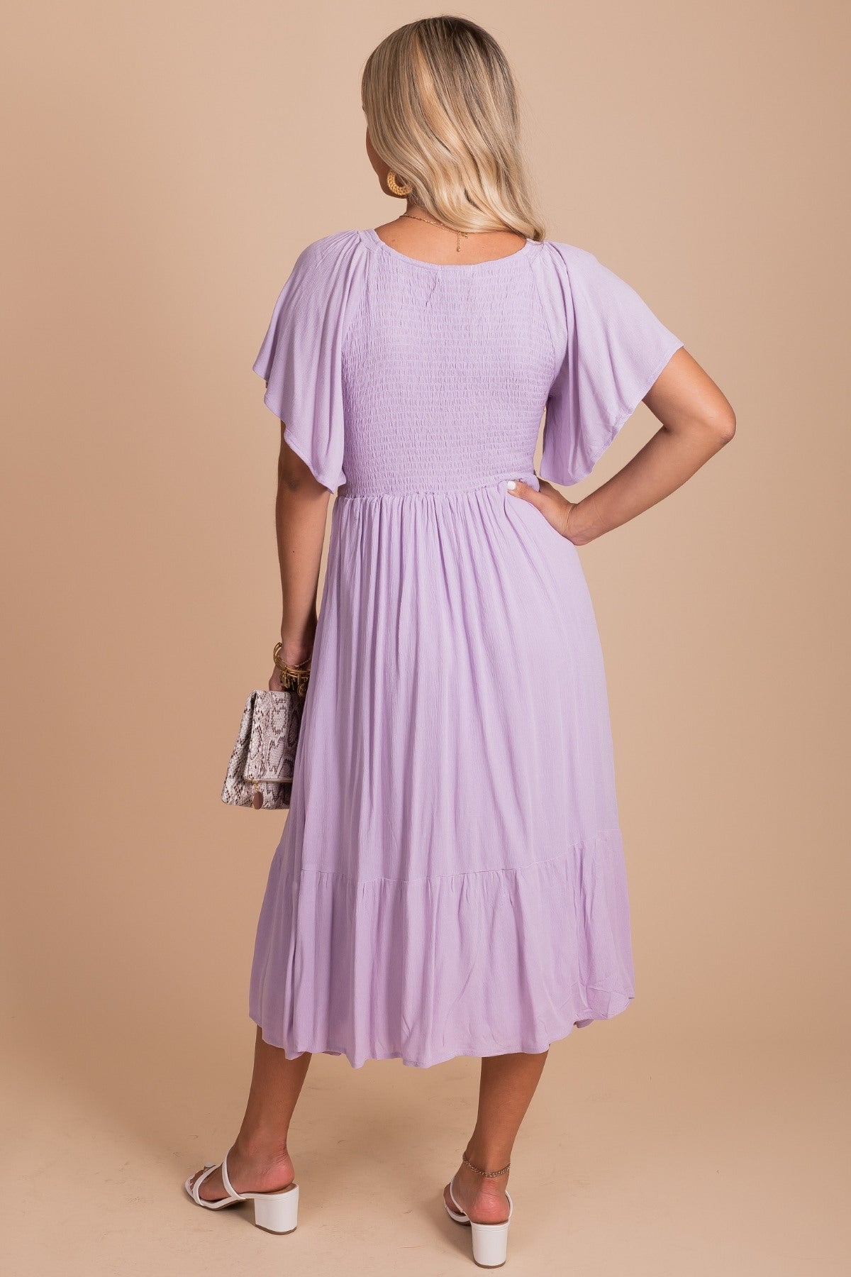Women's Lavender Purple Midi Dress with Flutter Sleeves