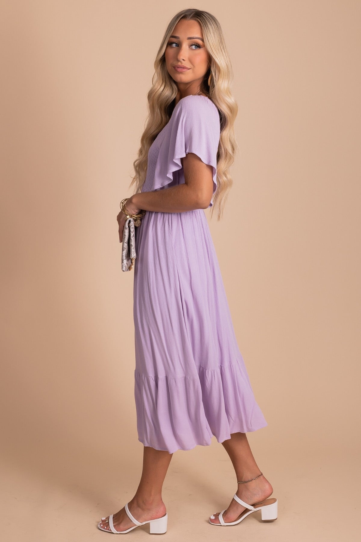 Smocked Midi Dress in Lavender Purple for Women