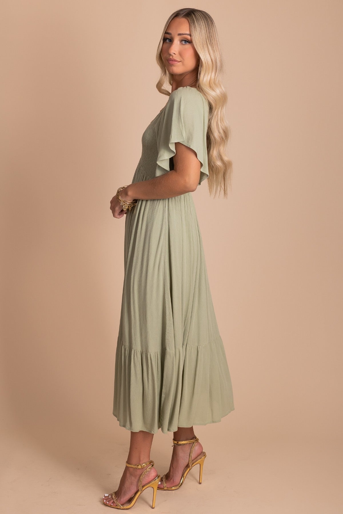 Smocked Midi Dress with Short Sleeves in Green Tea Color