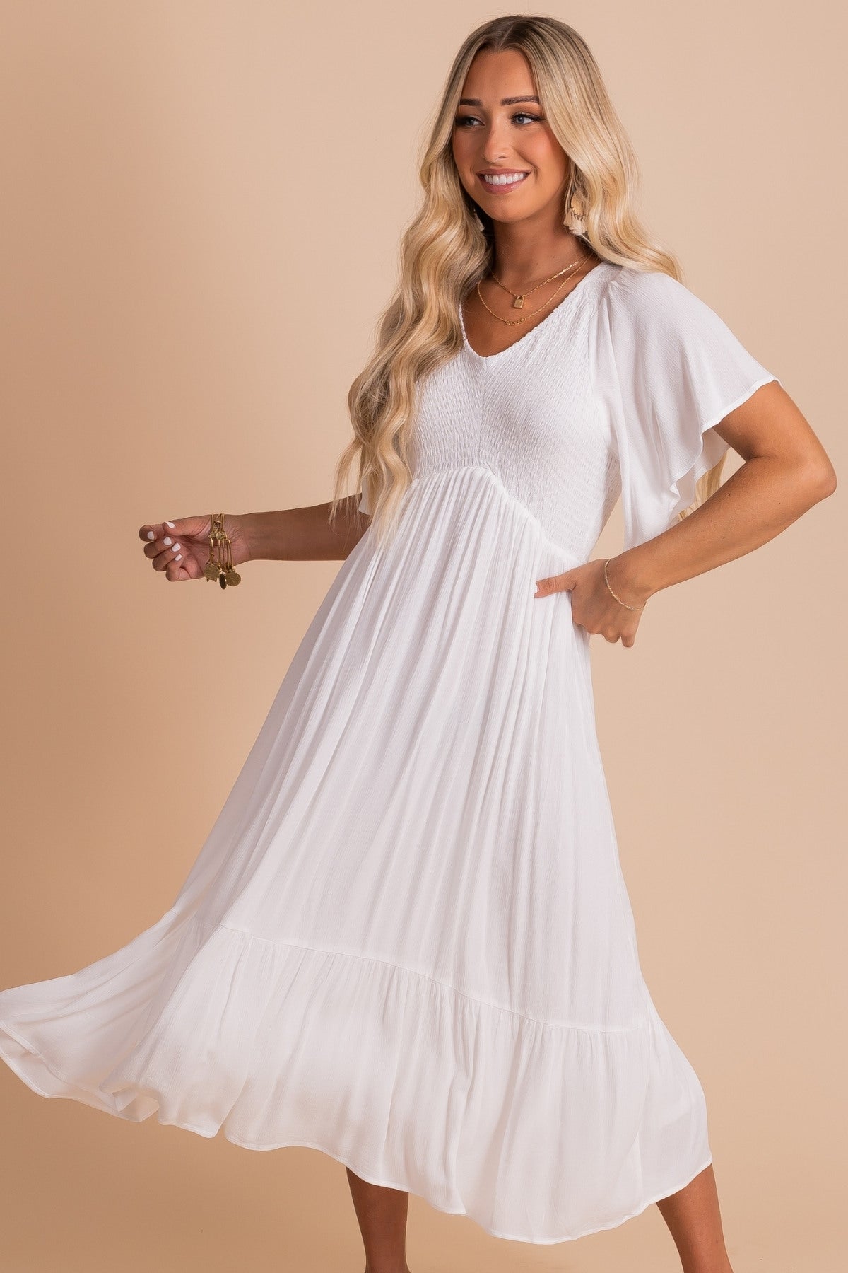 White Midi Dress with Smocked Bodice for Women