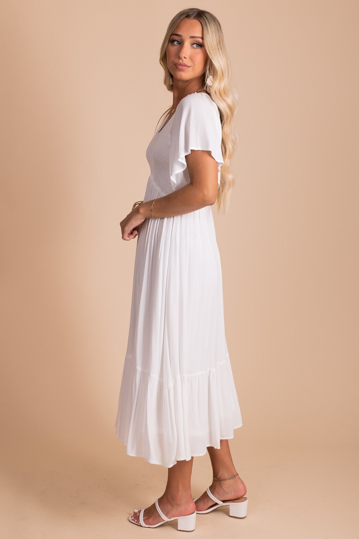 Boutique White Dress Bohemian Style with Flutter Sleeves and Empire Waist