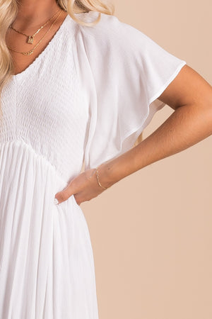 Women's Smocked White Dress with Short Flowy Sleeves