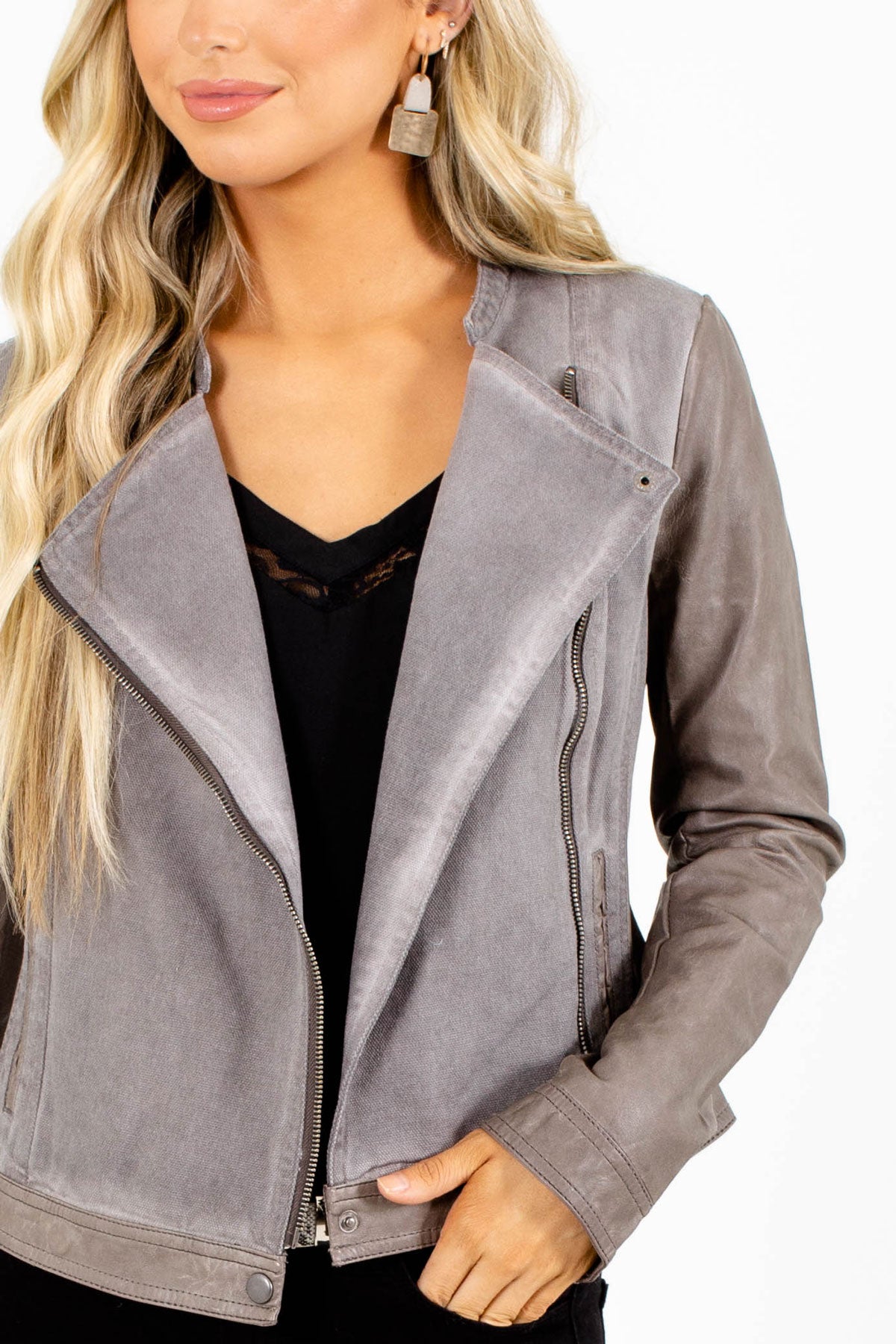 Leather Jacket with Lapel Front For Women