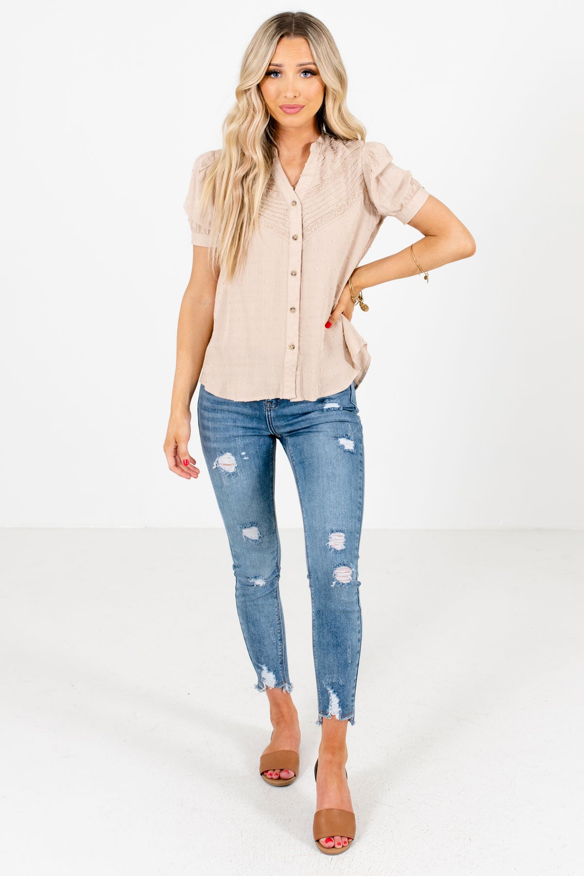 Beige Pleated Accent Boutique Blouses for Women