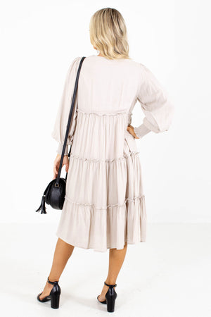 Women's Beige Long Sleeve Boutique Midi Dress