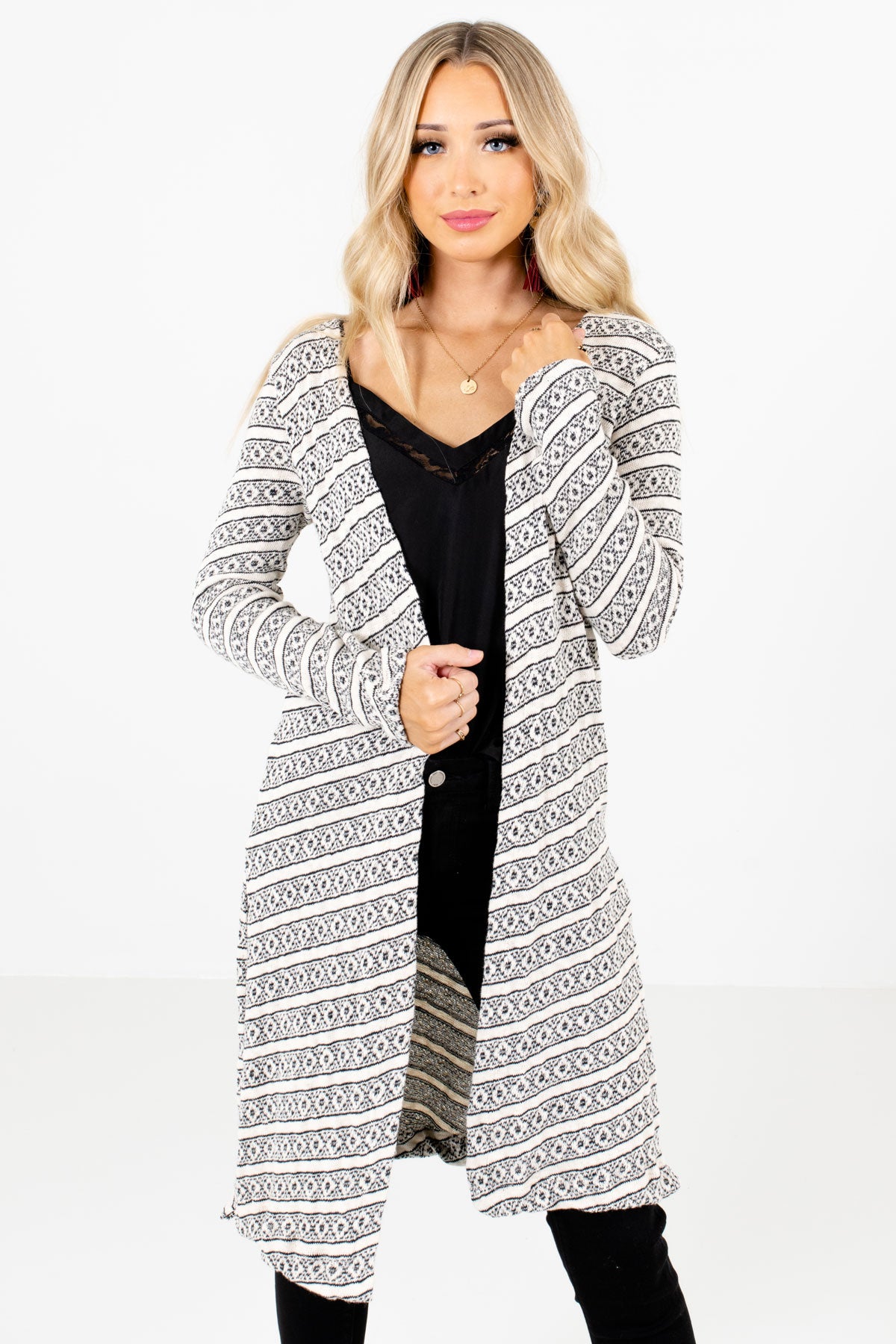 White and Black Stripe Geometric Patterned Boutique Cardigans for Women