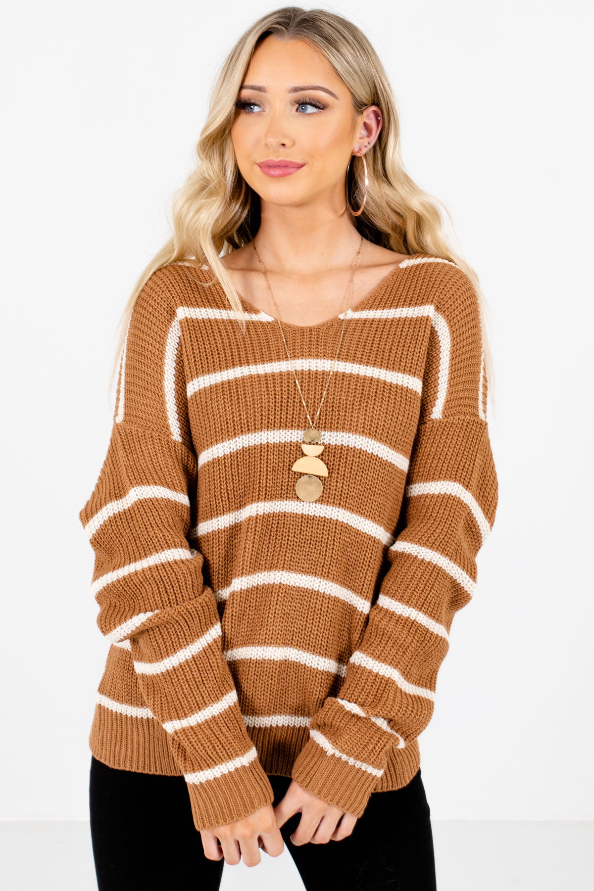 Women's Brown Subtle V-Neckline Boutique Sweater