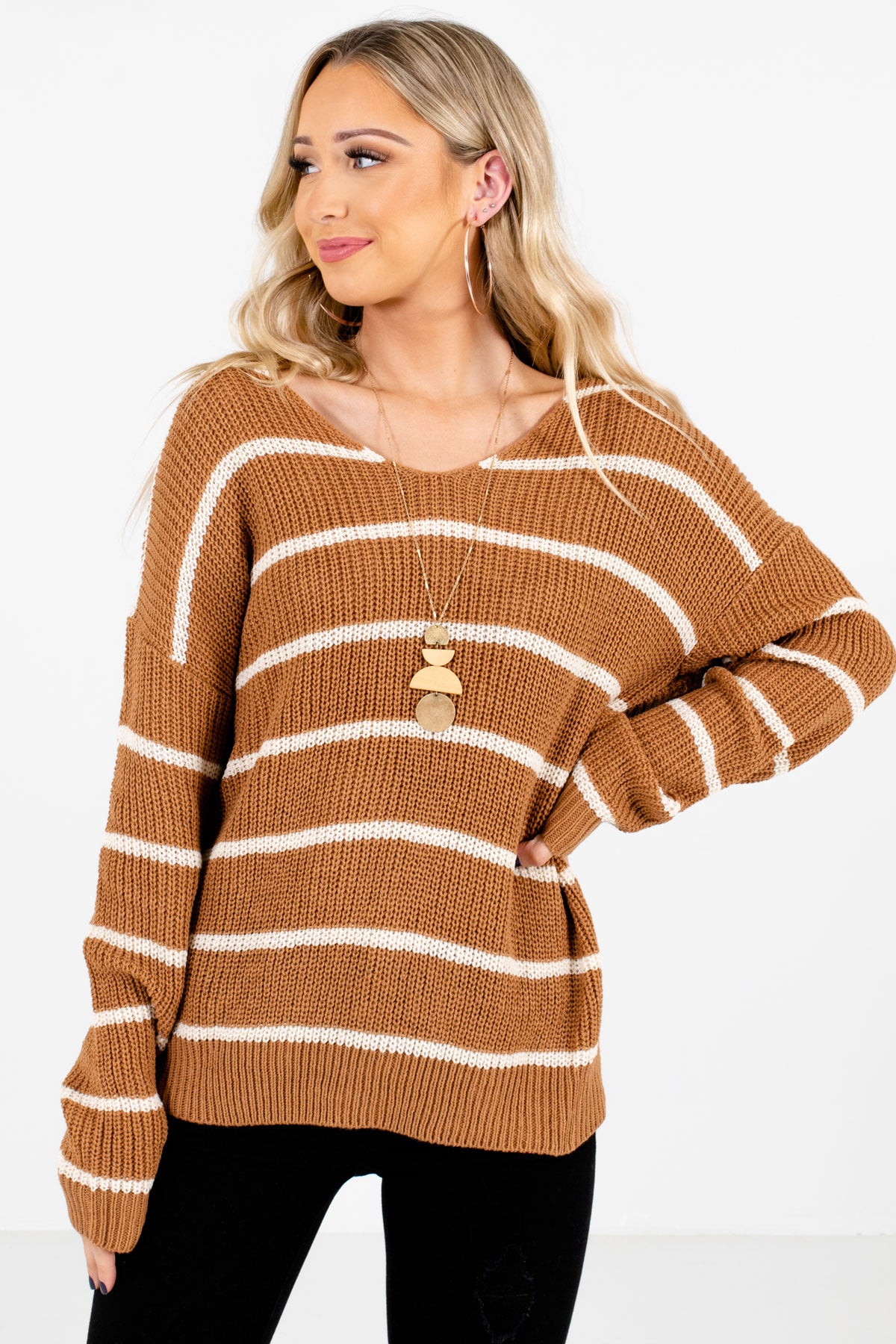 Brown and White Striped Boutique Sweaters for Women