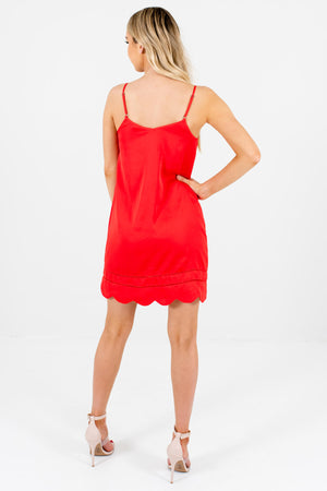 Red Satin Slip Dresses with Scalloped Hem and Ladder Lace Accents