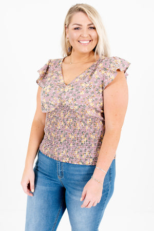 Lavender Purple Floral Plus Size Ruffle Smocked Tops for Women