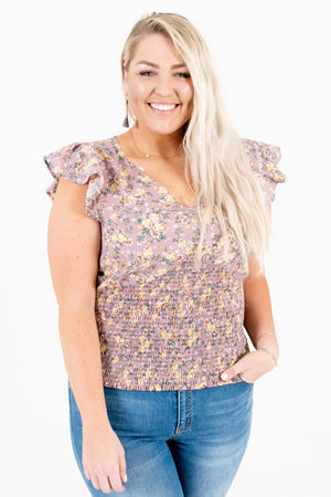 Lavender Purple Green Yellow Floral Plus Size Smocked Tops