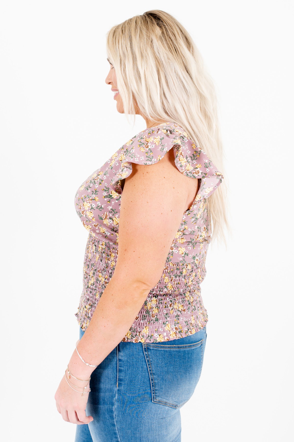 Lavender Purple Yellow Green Floral Plus Size Smocked Tops