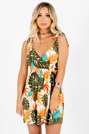 White Multicolored Tropical Leaf Patterned Boutique Mini Dresses for Women