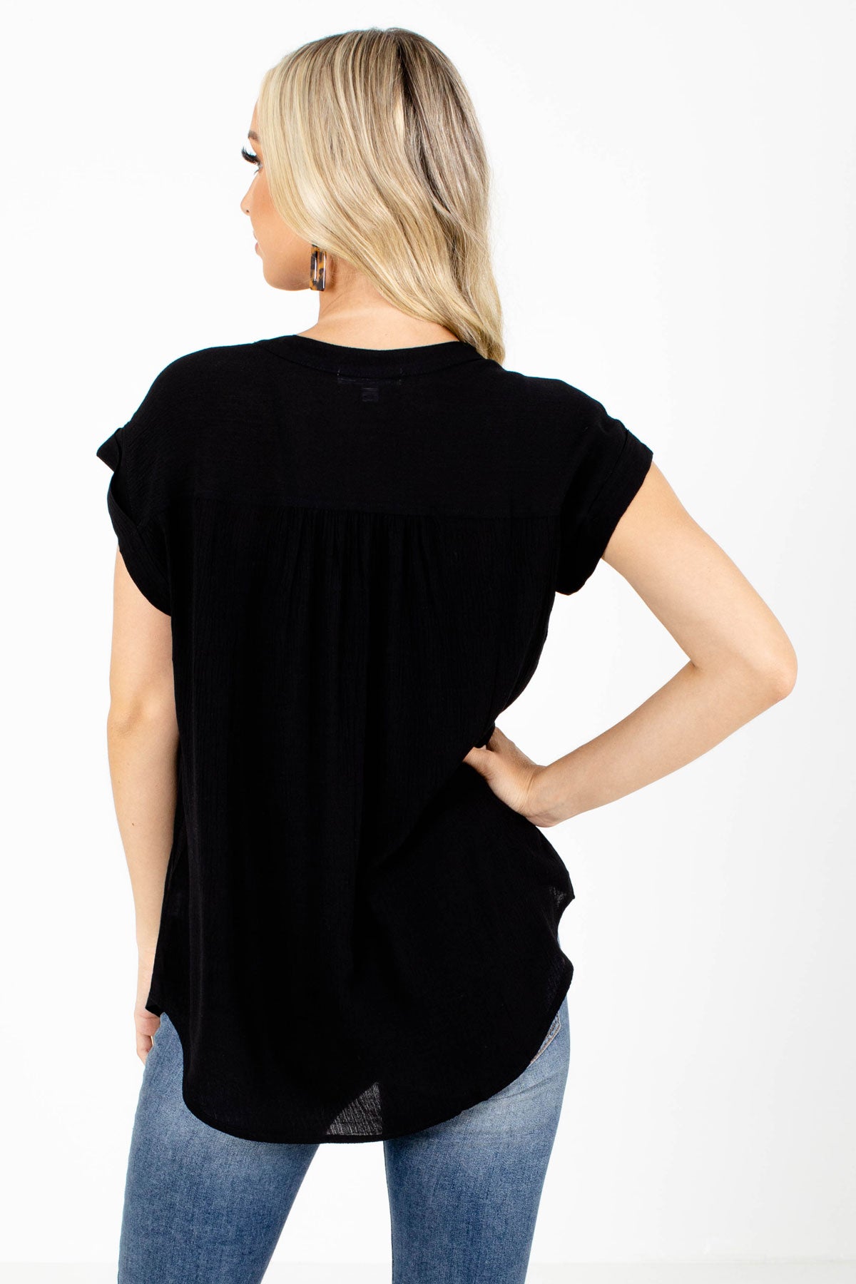 Women's Black Cuffed Sleeve Boutique Shirt