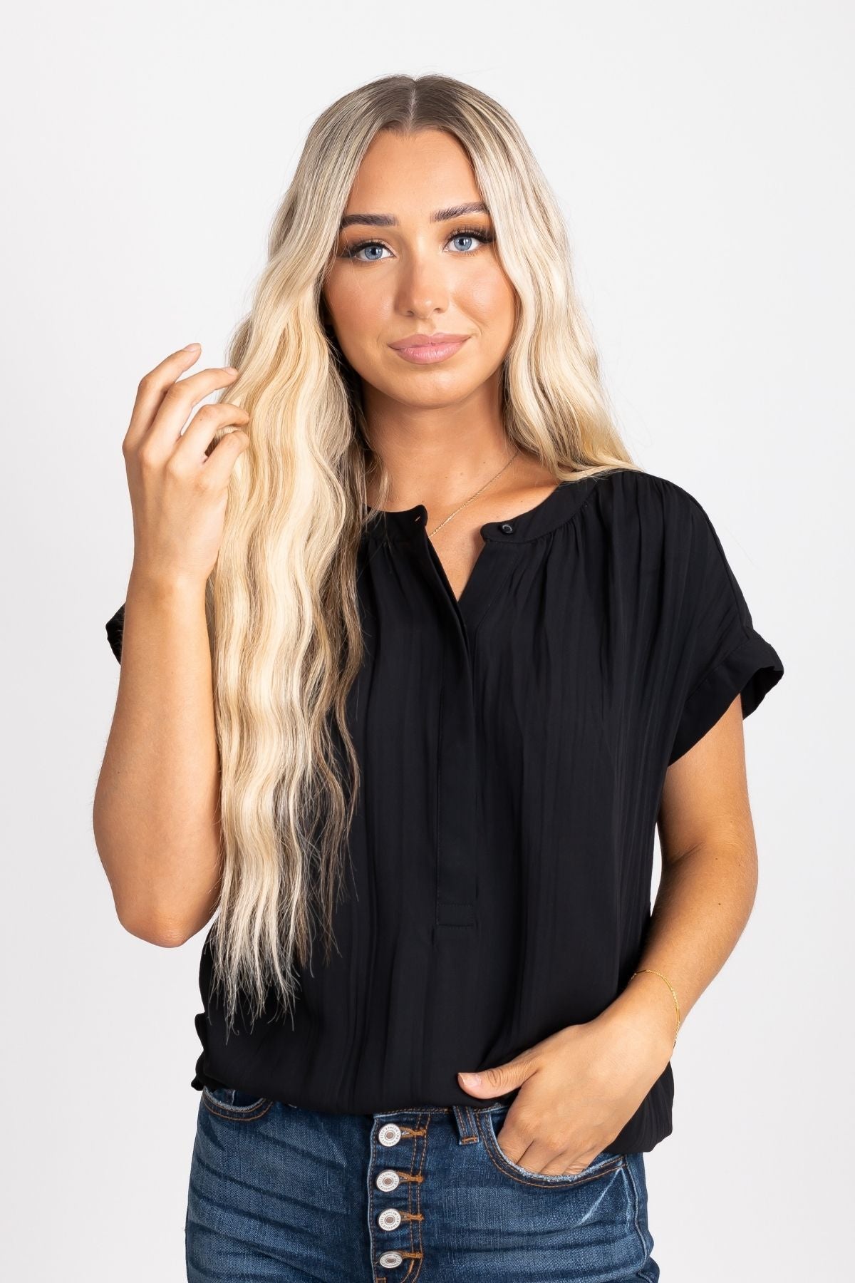 Black Button Up Neckline Boutique Blouses for Women
