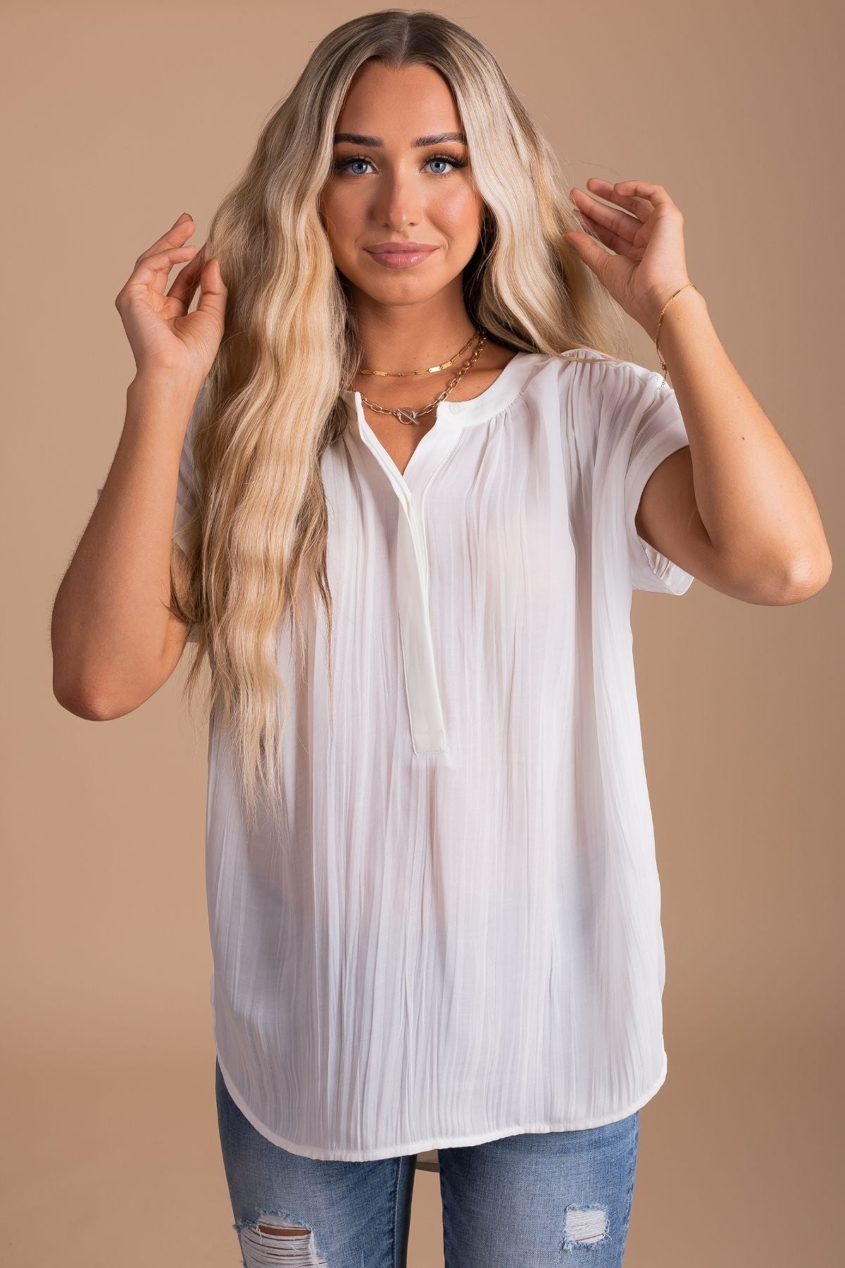 White Lightweight Boutique Blouses for Women