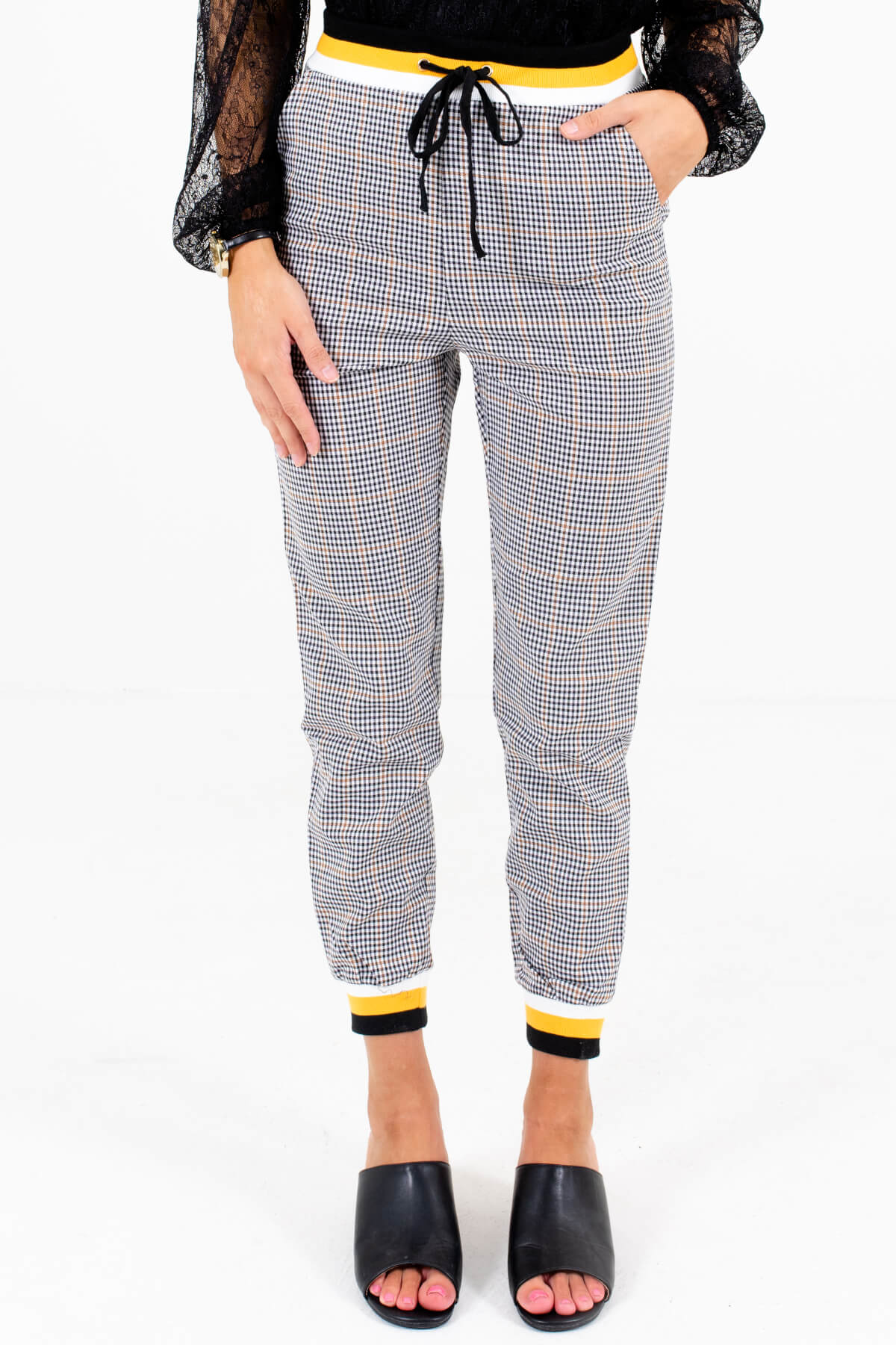 Black White and Yellow Plaid Patterned Boutique Pants for Women