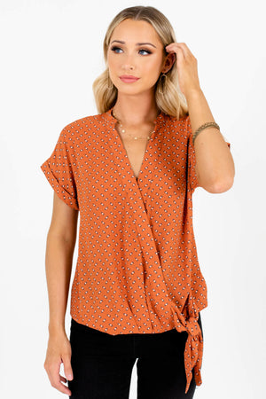 Burnt Orange Turquoise White Geometric Pattern Wrap Blouses